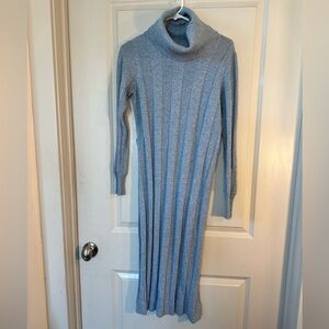 Kimberly Blue Stretch Knit Ribbed Cashmere Blend Turtleneck Midi Dress, Medium